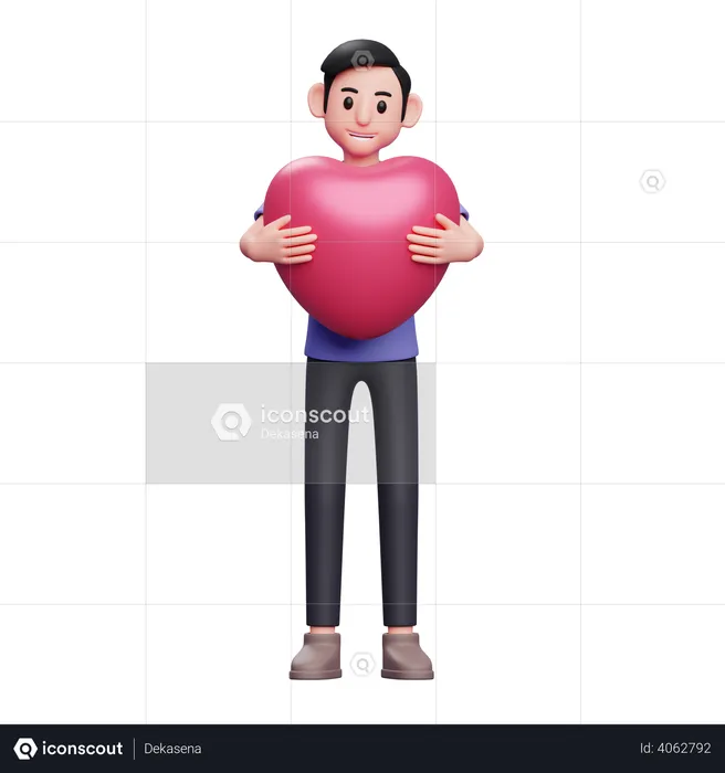 Boy hugging pink heart  3D Illustration