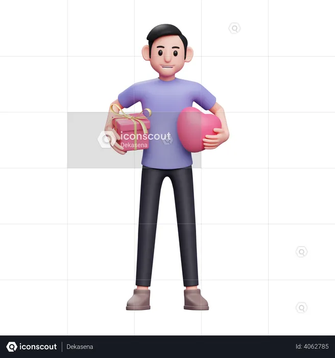 Boy hugs gifts and heart balloons with both hands for valentine  3D Illustration