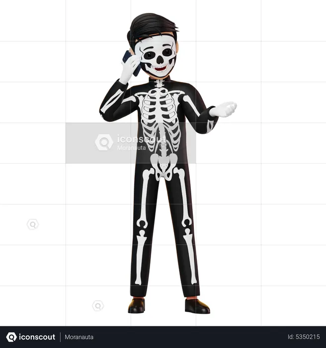 Boy In Skeleton Costume Calling  3D Illustration