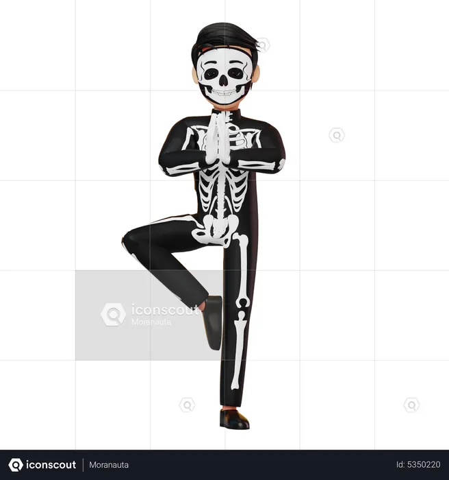 Boy In Skeleton Costume Doing Yoga  3D Illustration