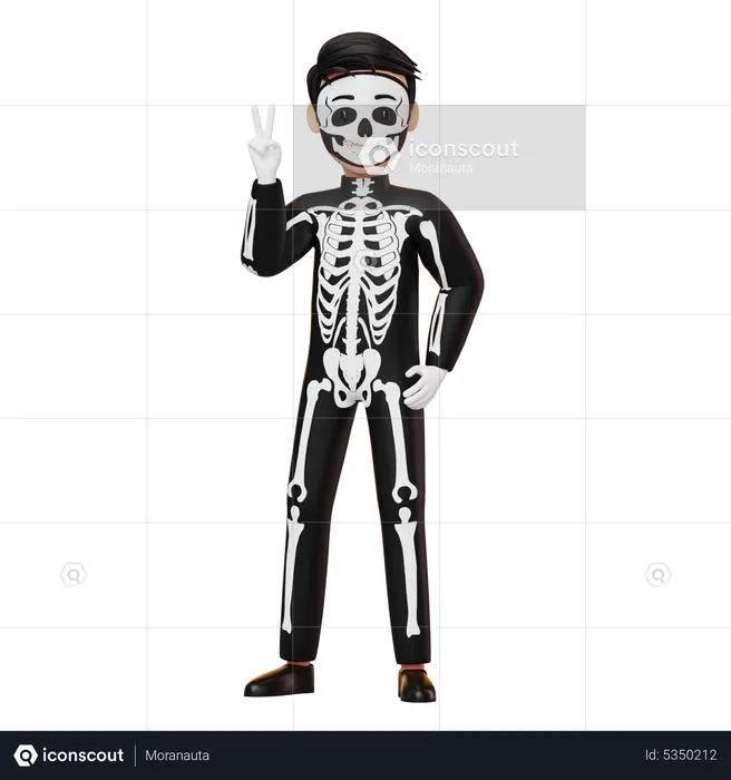Boy In Skeleton Costume Showing Peace  3D Illustration