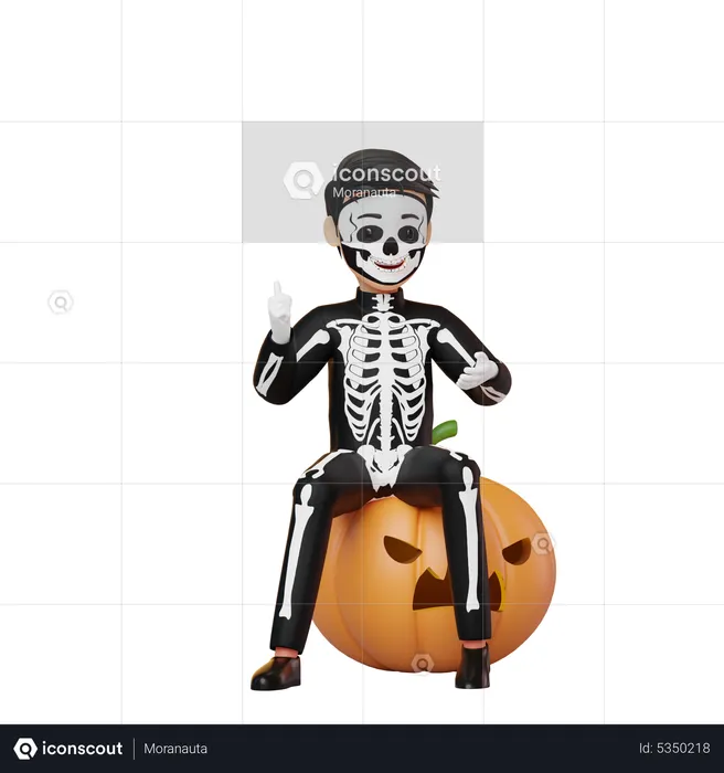Boy In Skeleton Costume Sitting On Pumpkin  3D Illustration