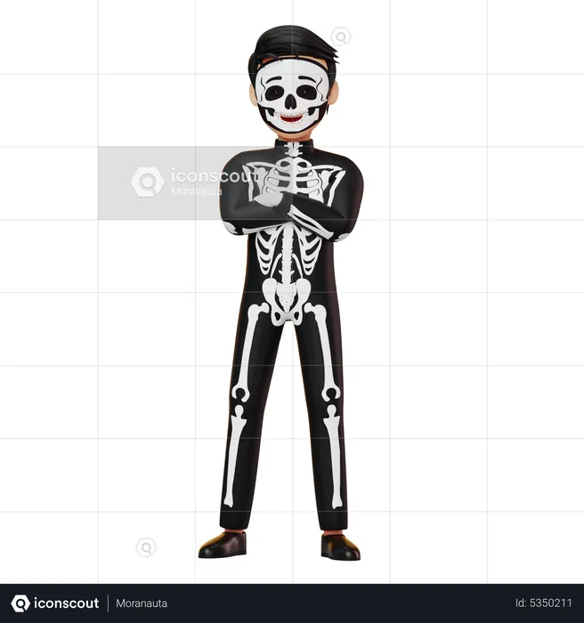 Boy In Skeleton Costume Standing Hand Folded  3D Illustration