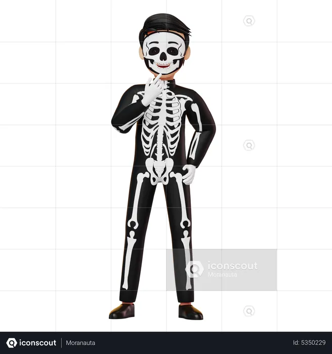 Boy In Skeleton Costume Thinking Something  3D Illustration