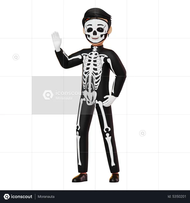 Boy In Skeleton Costume Waving Hand  3D Illustration