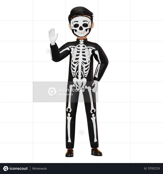 Boy In Skeleton Costume Waving Hand  3D Illustration