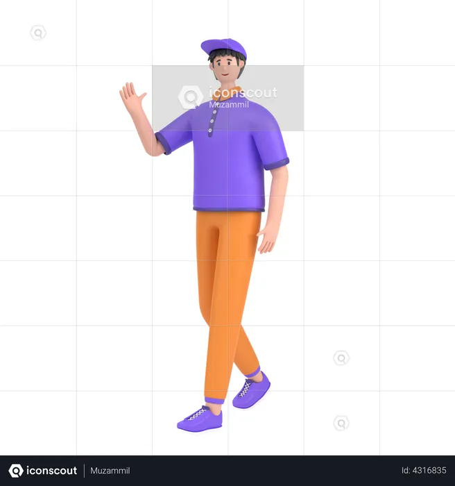 Boy in walking pose and doing waving hand say hello  3D Illustration