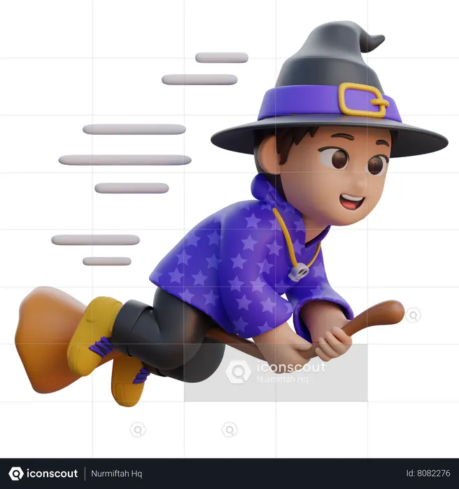 Boy in Wizard Costume Flying Fast with Magic Broom  3D Illustration