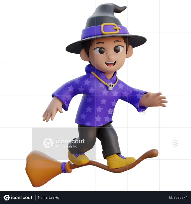 Boy in Wizard Costume Flying with Magic Broom  3D Illustration