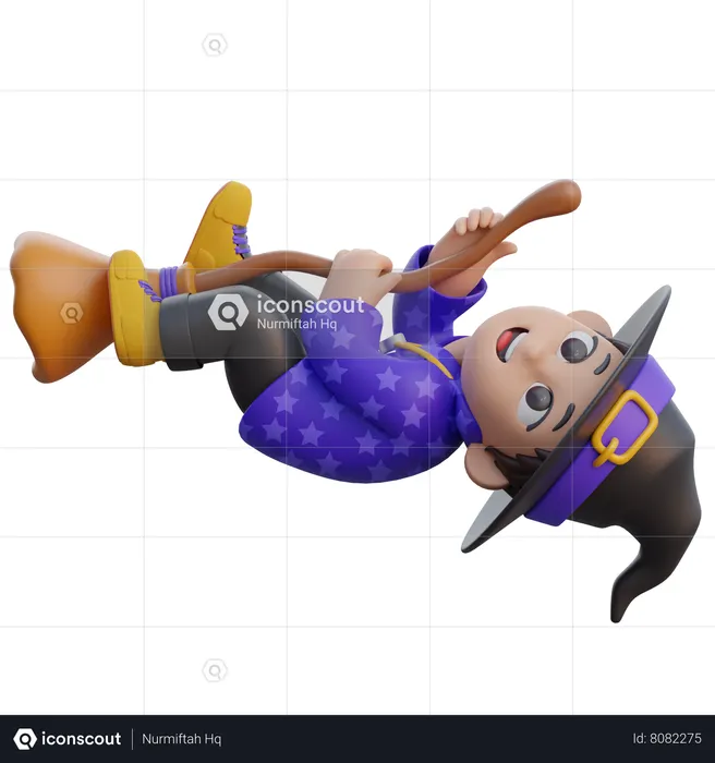 Boy in Wizard Costume Flying with Magic Broom  3D Illustration