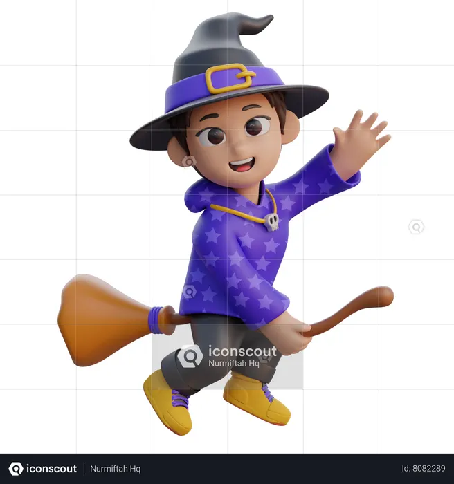Boy in Wizard Costume Flying with Magic Broom  3D Illustration