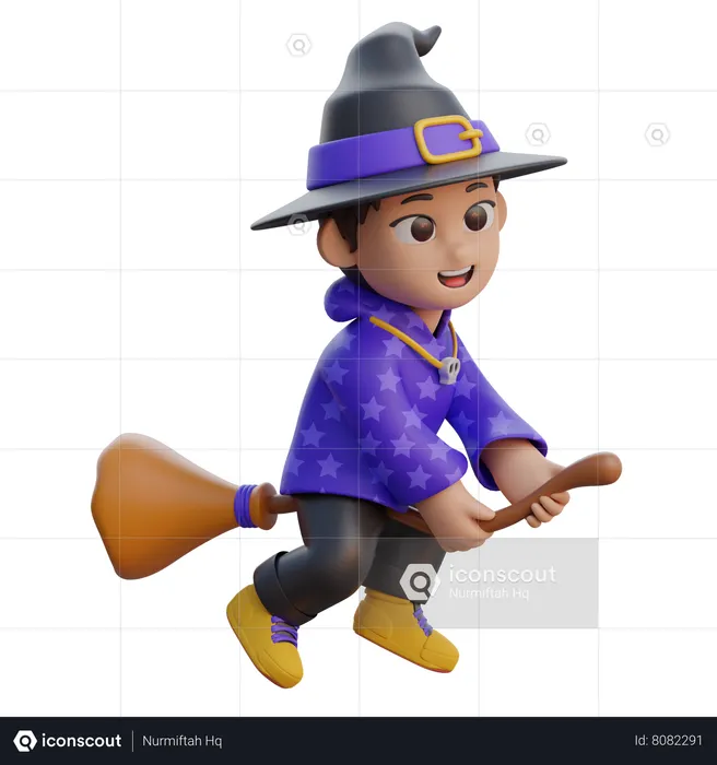 Boy in Wizard Costume Flying with Magic Broom  3D Illustration