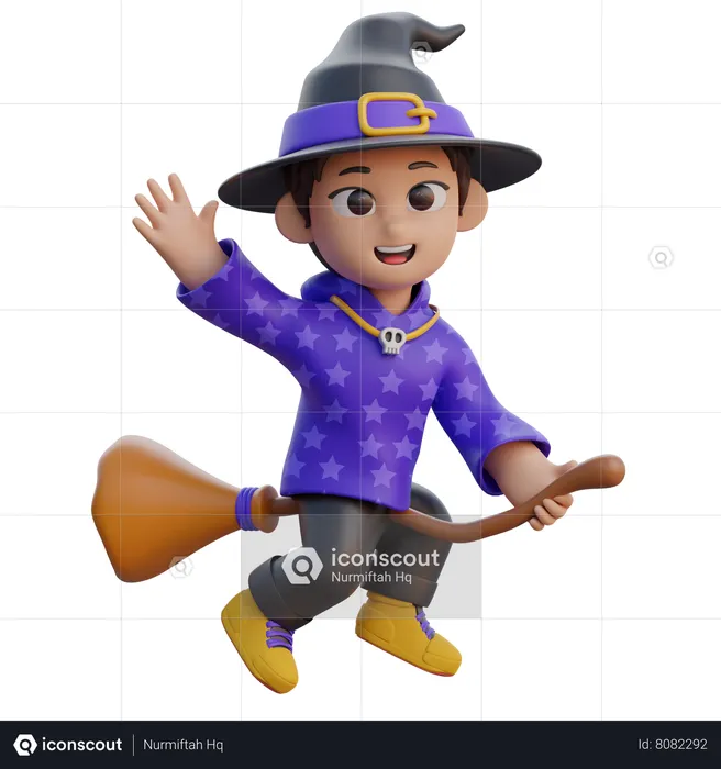 Boy in Wizard Costume Flying with Magic Broom  3D Illustration