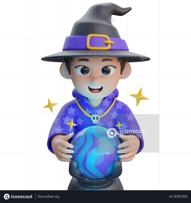 Boy in Wizard Costume with Magic Ball  3D Illustration