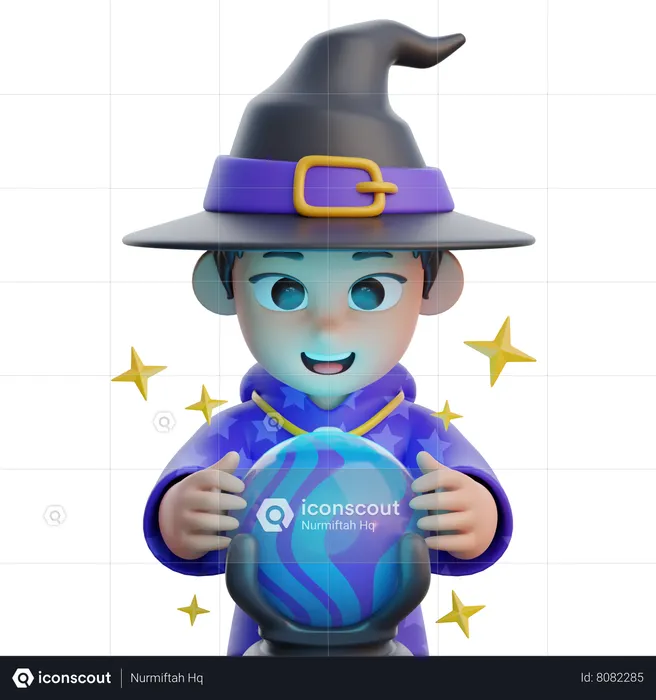 Boy in Wizard Costume with Magic Ball  3D Illustration