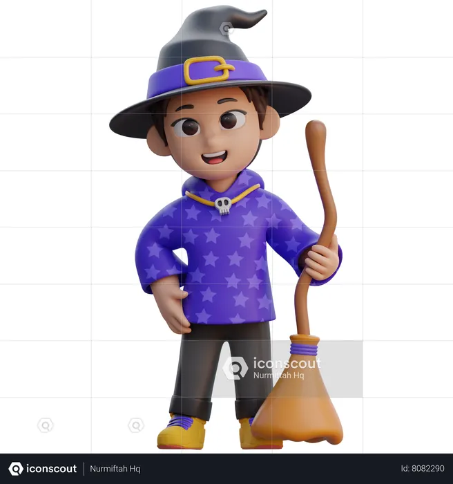 Boy in Wizard Costume with Magic Broom  3D Illustration
