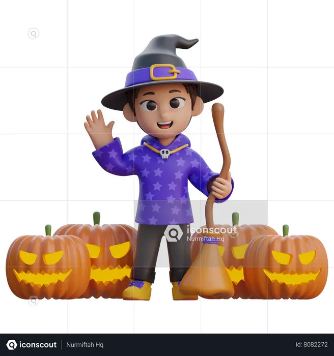 Boy in Wizard Costume with Pumpkin Head  3D Illustration