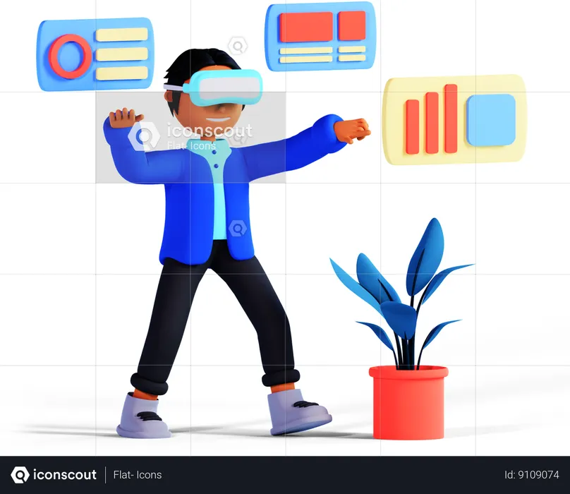 Boy Is Analyzing Business Graphs Using Vr Glasses  3D Illustration