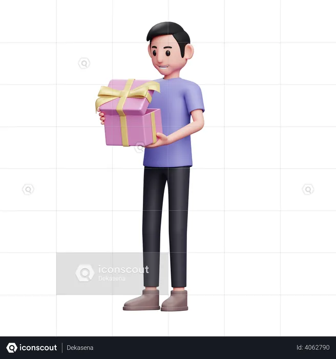 Boy is excited to open a special gift for Valentine  3D Illustration