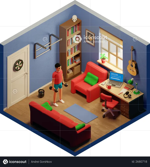 Boy lifting dumbbells in the home  3D Illustration