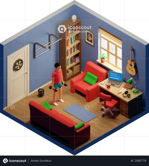 Boy lifting dumbbells in the home 3D Illustration