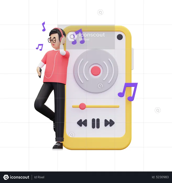 Boy listening music on mobile app  3D Illustration