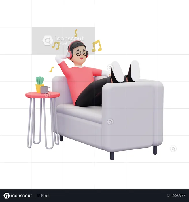 Boy listening to music while sleeping on couch  3D Illustration