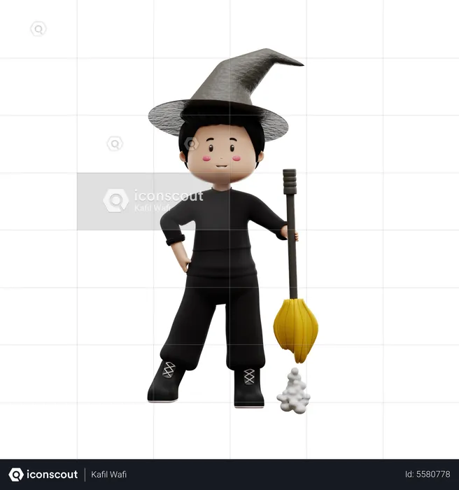 Boy Magic Broom  3D Illustration