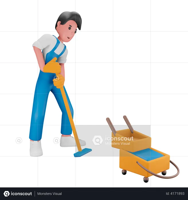 Boy mopping the floor  3D Illustration
