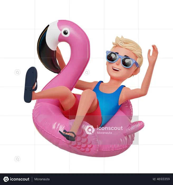Boy on pink inflatable flamingo  3D Illustration