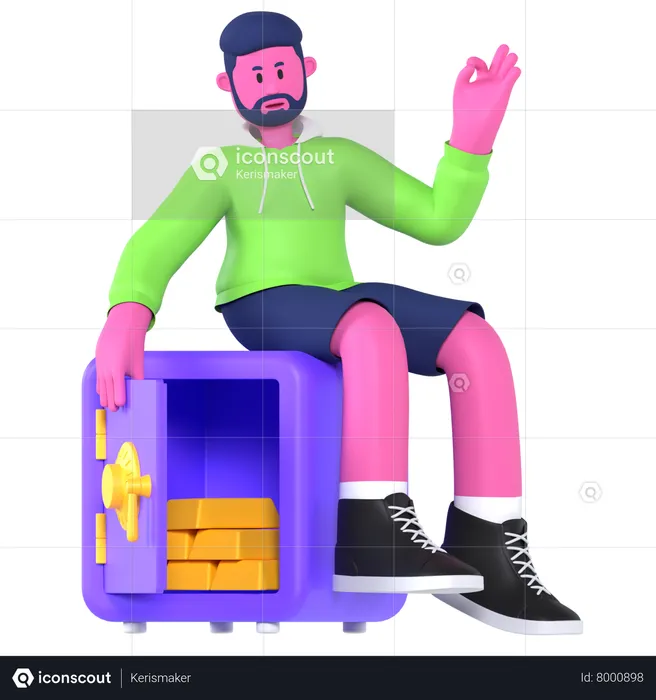 Boy On Safe Box  3D Illustration