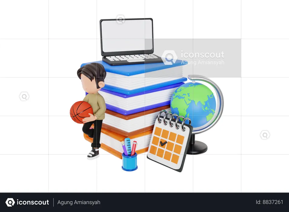 Boy Playing Basketball In School Time  3D Icon