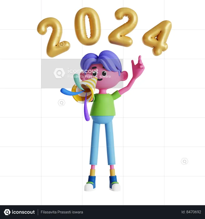 Boy playing trumpet at new year party  3D Illustration