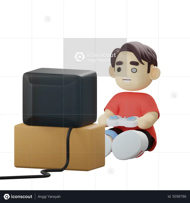 Boy playing video game using remote controller  3D Illustration
