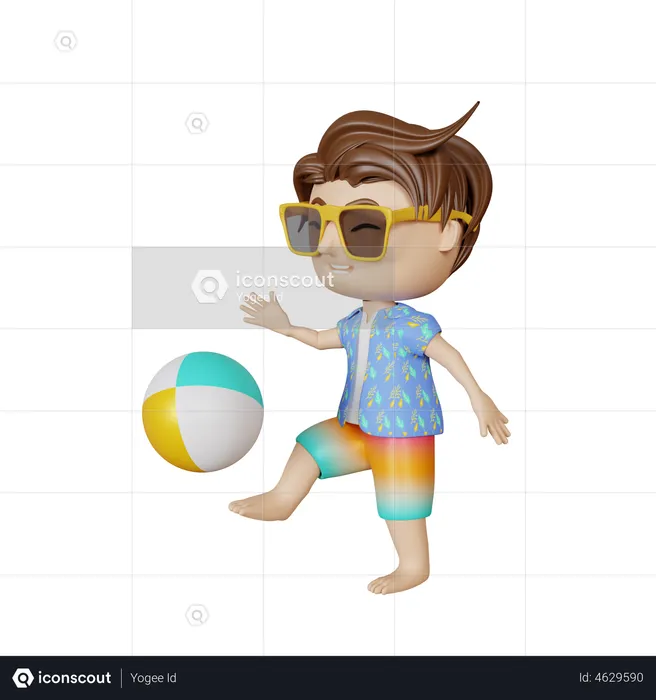 Boy playing with ball at beach  3D Illustration