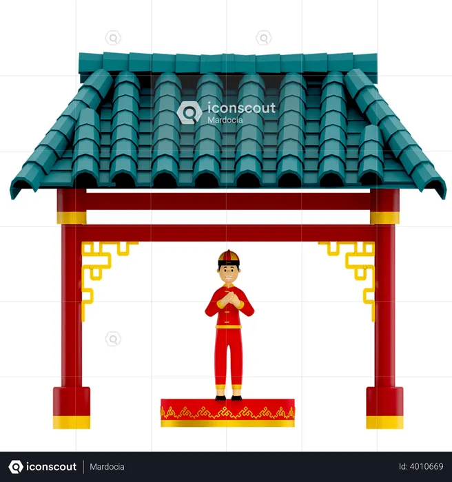 Boy praying at Chinese temple  3D Illustration