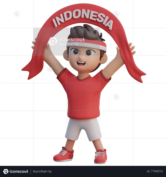 Boy Raised Indonesia Supporter Flag  3D Illustration