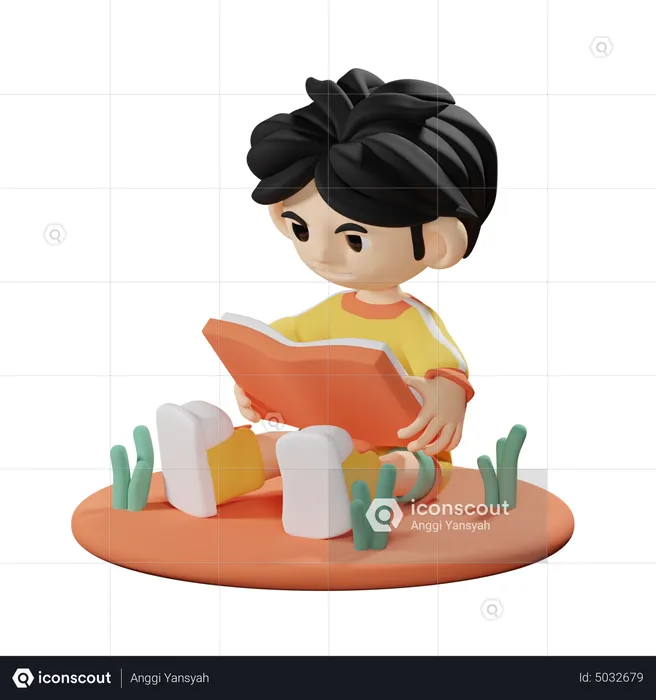 Boy Read a Book while seating on floor  3D Illustration