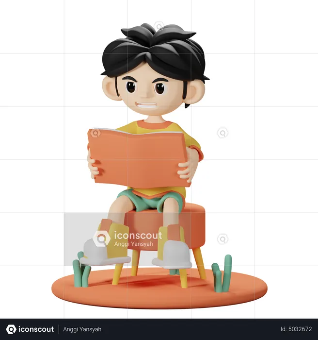 Boy Reading a book on Chair  3D Illustration
