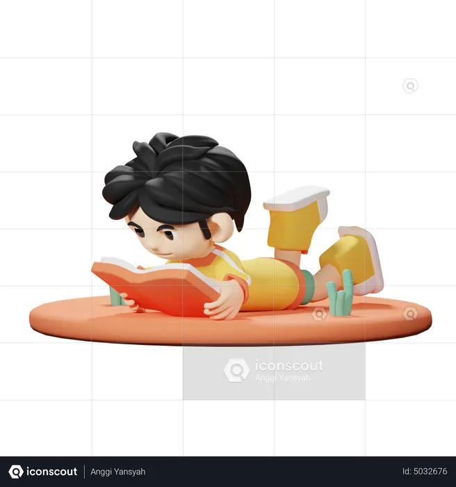 Boy Reading a Book while lying on floor  3D Illustration