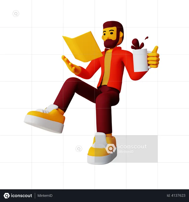 Boy reading book while drinking coffee  3D Illustration