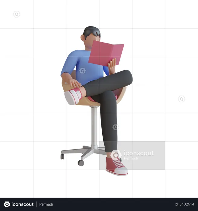 Boy Reading Book while seating on chair  3D Illustration