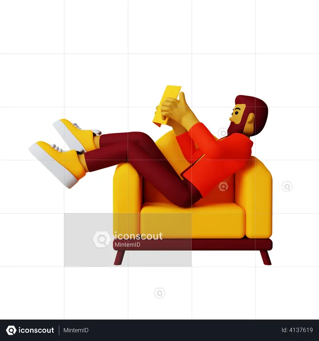 Boy reading book while sitting on Couch  3D Illustration