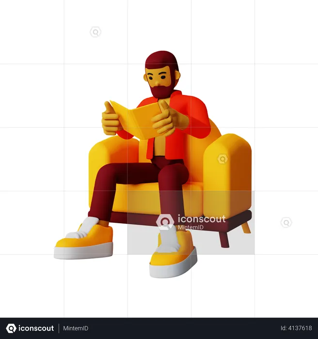 Boy reading book while sitting on sofa  3D Illustration