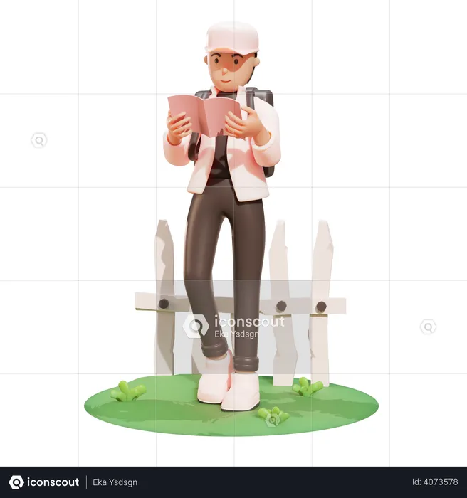 Boy reading book while standing near fence  3D Illustration