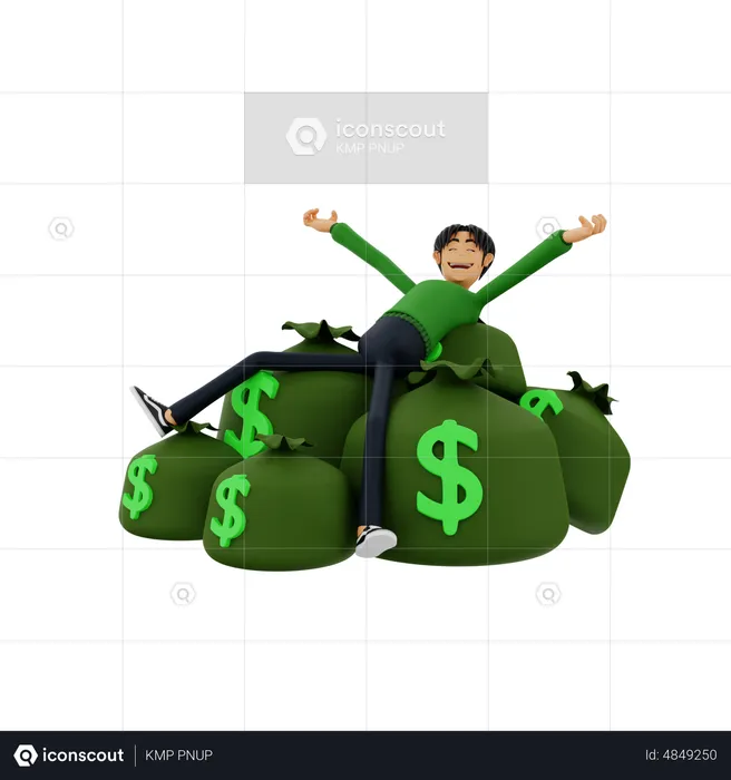 Boy relaxing on money bags  3D Illustration