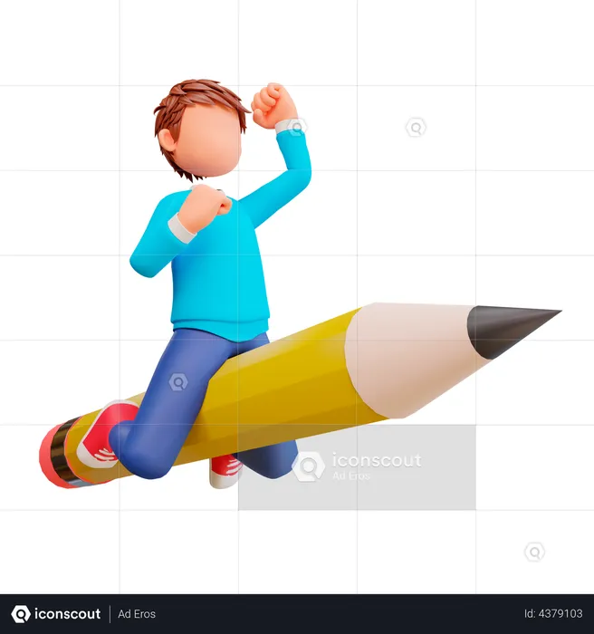 Boy riding a pencil  3D Illustration