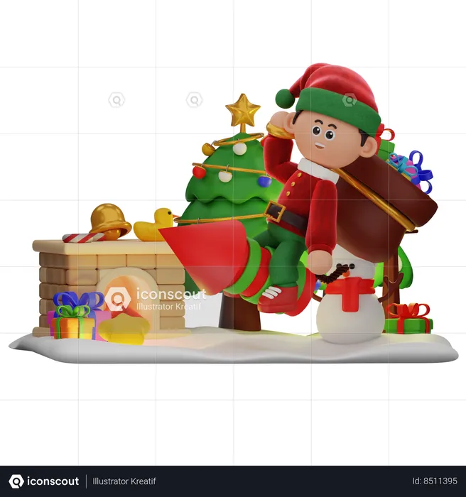 Boy Riding Firecracker While Bring Sack Of Gifts  3D Illustration