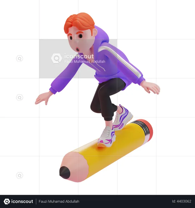 Boy riding pencil  3D Illustration
