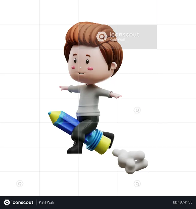 Boy riding rocket pencil  3D Illustration